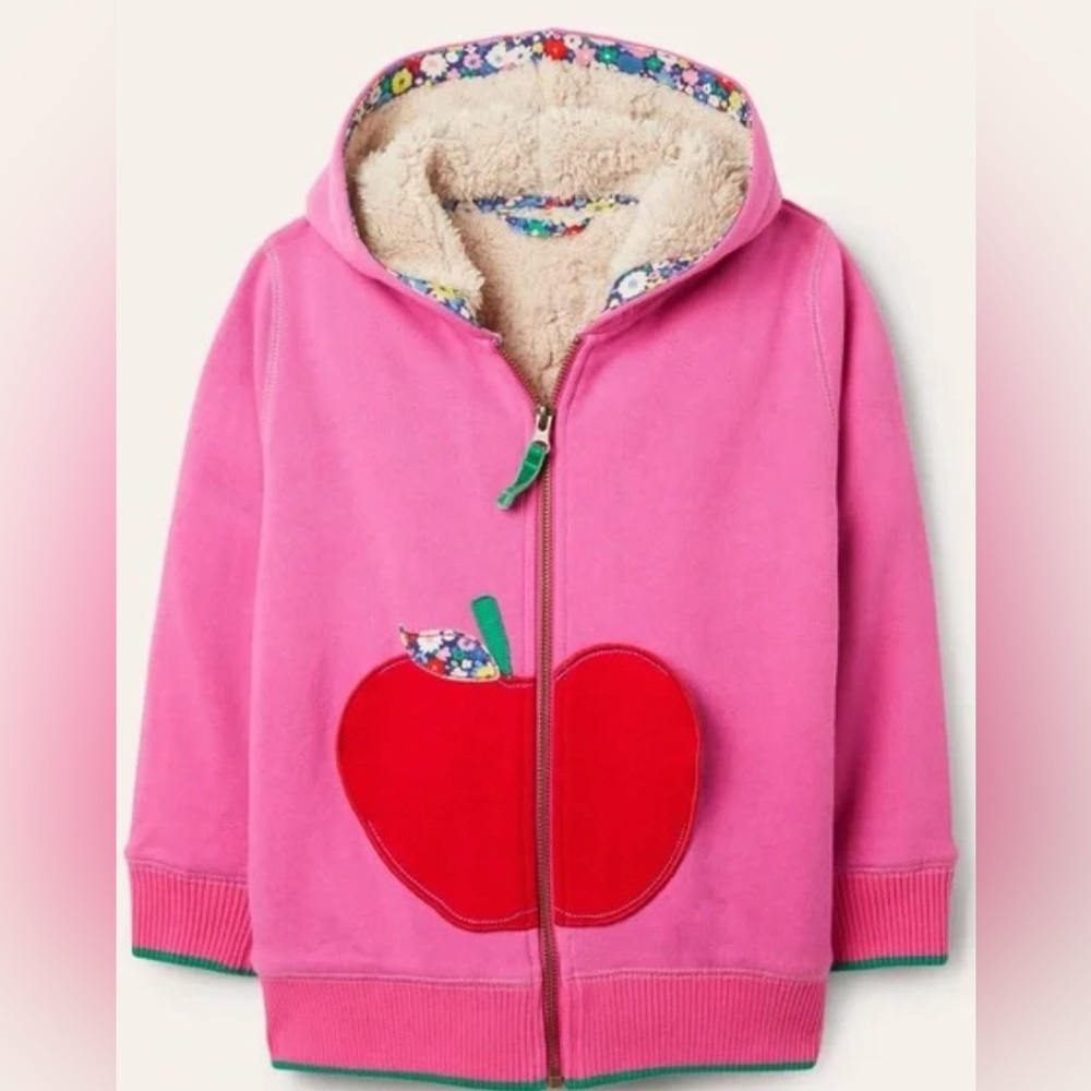 NWT. Mini Boden Tickled Pink Apple Appliqué Shaggy-lined Hoodie, Size 4-5y
